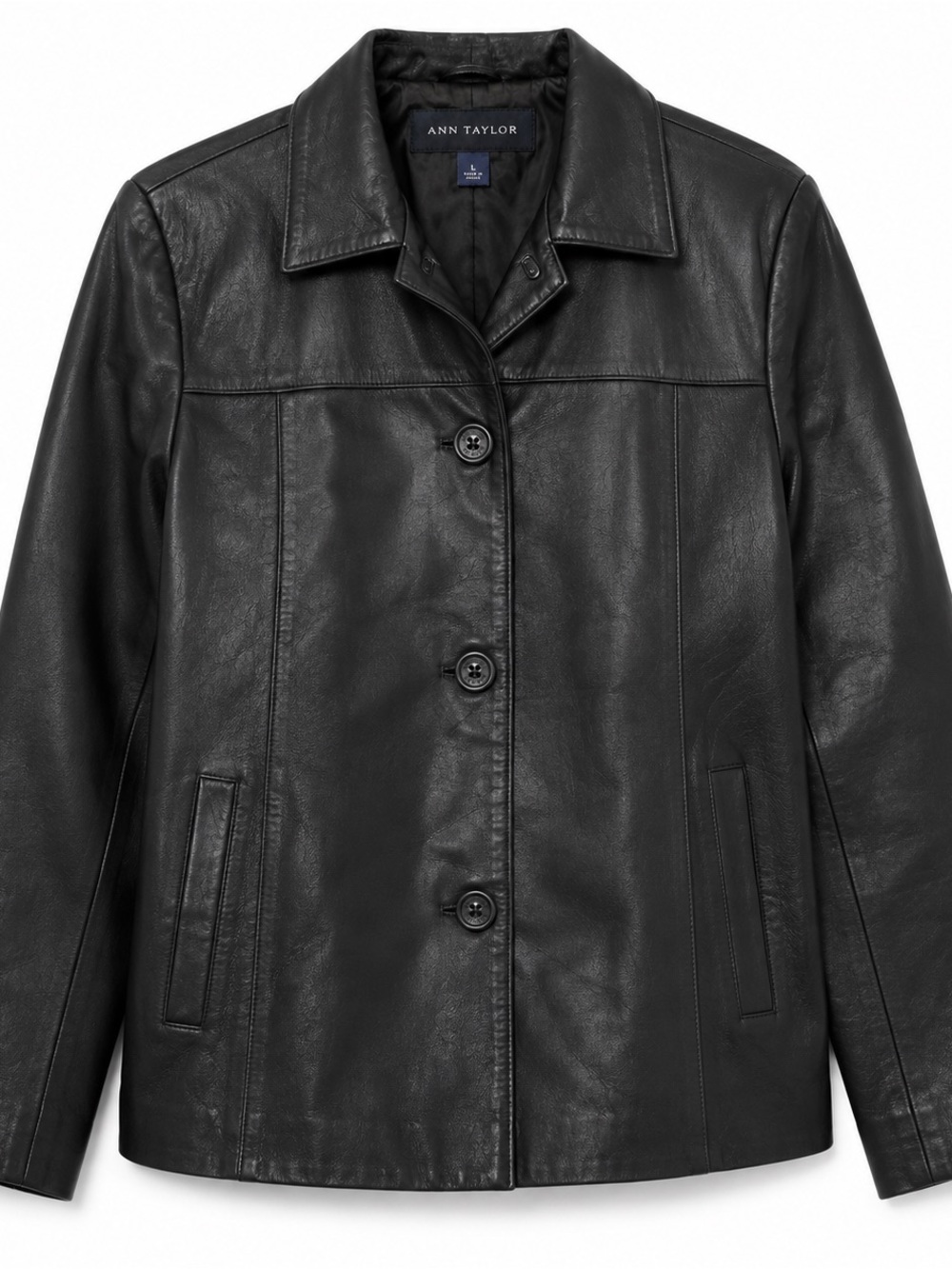 Ann Taylor Black Leather Button-Front Coat Jacket